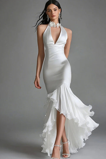 White Satin High Neck Mermaid High-Low Formal Dress with Ruffles